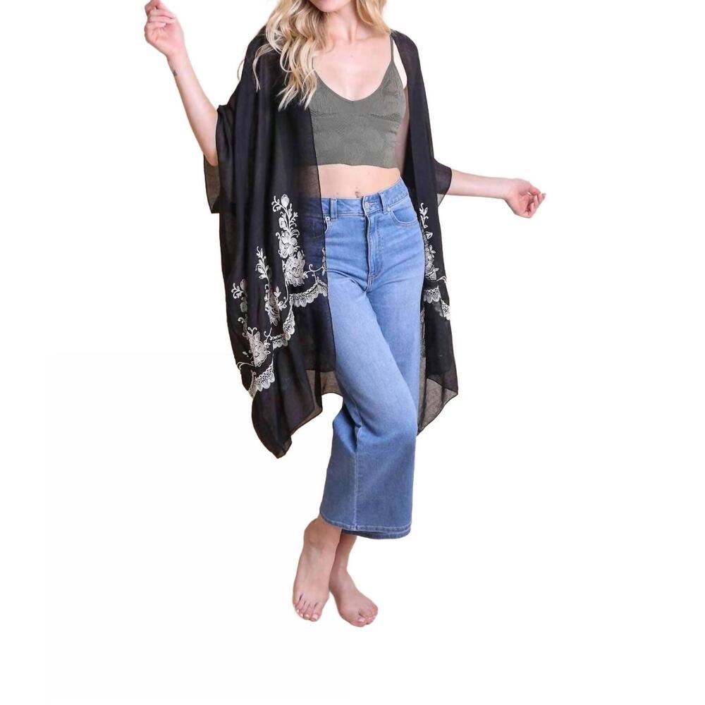 NEW LETO lightweight floral embroidered tassels boho festival kimono wrap in bla